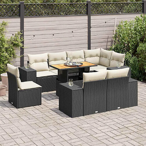 vidaXL Salon de jardin 9 pcs avec coussins noir résine tressée