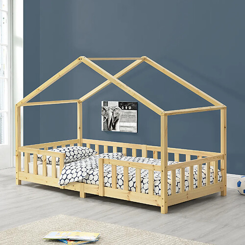 Lit d'Enfant Forme Maison avec Grille de Protection Treviolo 200 x 90 cm Bois naturel [en.casa]