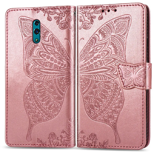 Wewoo Housse Coque Étui en cuir à rabat horizontal Butterfly Love Flowers gaufrage pour OPPO Renoavec support et logements cartesporte-monnaie et lanière Or rose