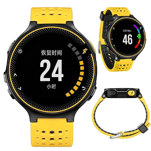 Bracelet en silicone trous ronds bicolores jaune/noir pour votre Garmin Forerunner 220/230/235/620/630