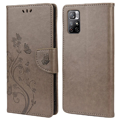 Etui en PU motif papillon et fleur avec support gris pour votre Xiaomi Redmi Note 11/Poco M4 Pro 5G