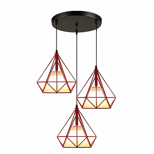 Stoex Lustre suspension industrielle luminaire forme diamant contemporain disque 3 lamps abat-jour E27 25cm pour salon cuisine salle à manger, Rouge