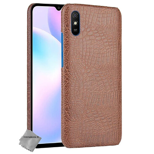 Htdmobiles Coque rigide simili cuir crocodile pour Xiaomi Redmi 9A + verre trempe - MARRON