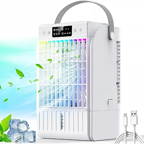 Climatiseur Portable( 1,5 L), évaporateur de refroidisseur d'Air 4-en-1, Ventilateur de Refroidissement d'Air et humidificateur, 4 Modes de Vitesse 7 Couleurs LED Mini Ventilateur de Climatiseur Silencieux