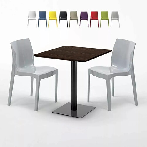 Grand Soleil Table carrée 60x60 pied noir et plateau bois avec 2 chaises colorées Ice Kiss - Gris