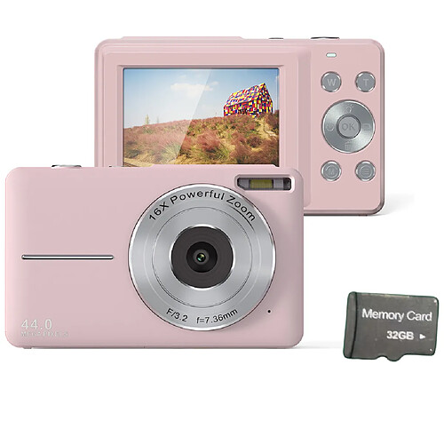 INF Appareil photo numérique 44MP/1080P avec zoom 16X, illumination et carte 32 Go Pink