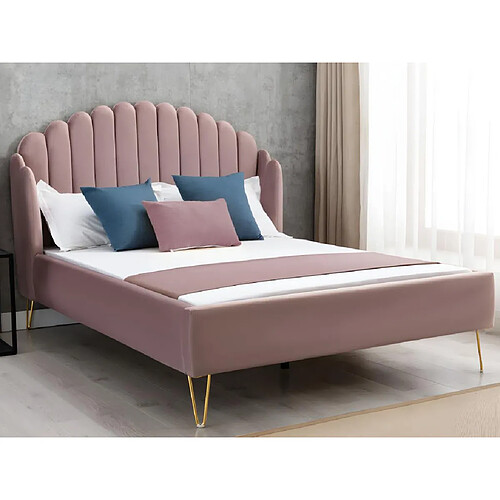 Vente-Unique Lit 160 x 200 cm avec tête de lit ondulée - Velours - Vieux rose + Matelas - SAGALI