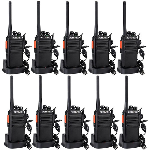 Retevis 10 talkie walkie professionnel 16 Canaux avec Oreillette et base de chargement noir