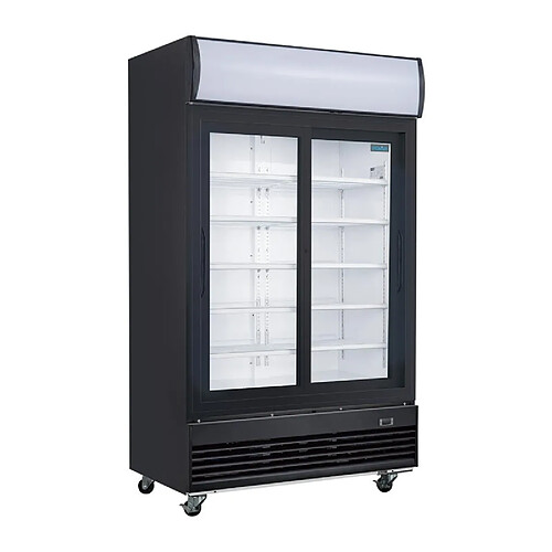 Frigo Professionnel Vitré Noir 2 Portes Coulissantes avec Caisson Lumineux Série G 950L - Polar