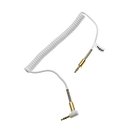 vhbw Adaptateur pour câble audio stéréo 3,5mm vers entrée AUX - Jack vers jack - Câble en spirale, doré, angle droit, or / blanc