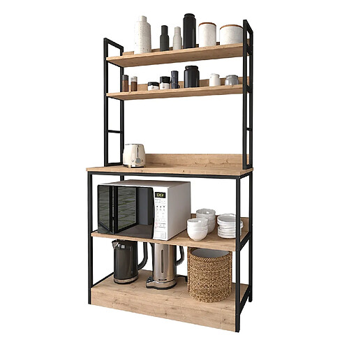 Pegane Meuble de cuisine, étagère de cuisine coloris chêne cambrian, noir - longueur 101 x profondeur 18/36 x hauteur 161 cm