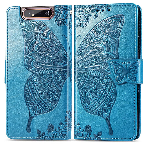 Wewoo Housse Coque Étui en cuir à rabat horizontal Butterfly Love Flowers gaufrage pour Galaxy A80 / A90avec porte-cartes et porte-cartesainsi que portefeuille et lanière bleu