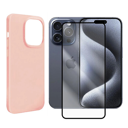 Coque de protection souple silicone Rose + Lot de 2 Verre trempé avec bords Noir pour iPhone 15 Pro Max 6.7" - VISIODIRECT -