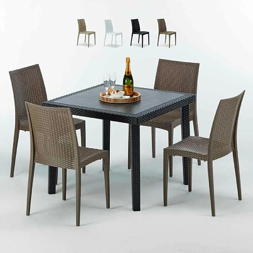 Table Carrée Noire 90x90cm Avec 4 Chaises Colorées Grand Soleil Set Extérieur Bar Café Bistrot Passion, Couleur: Marron