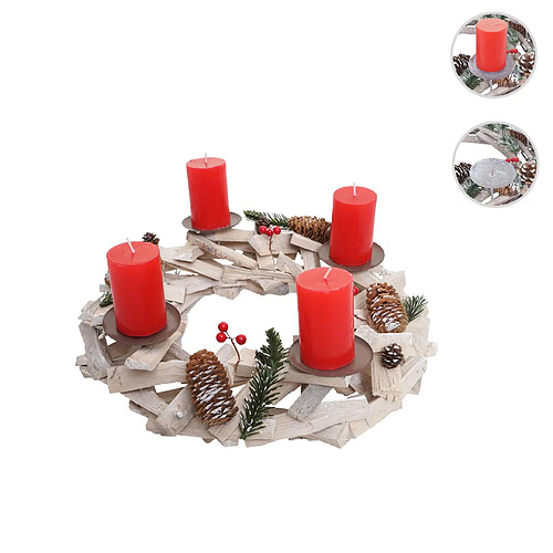 Mendler Couronne de l'Avent ronde, décoration de Noël, bois, Ø 40cm, blanc / gris ~ avec des bougies, rouge