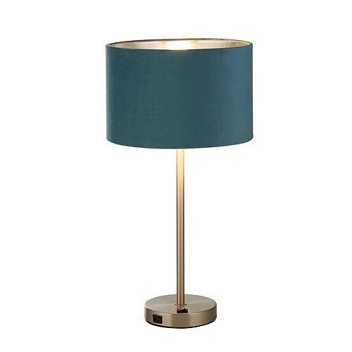 Searchlight Lampe de table USB en nickel satiné, abat-jour en velours bleu sarcelle