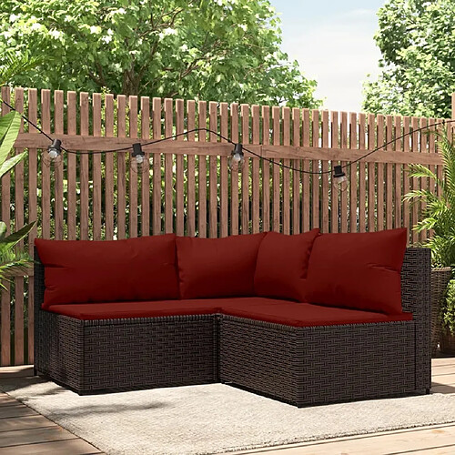 vidaXL Salon de jardin 3 pcs avec coussins marron résine tressée