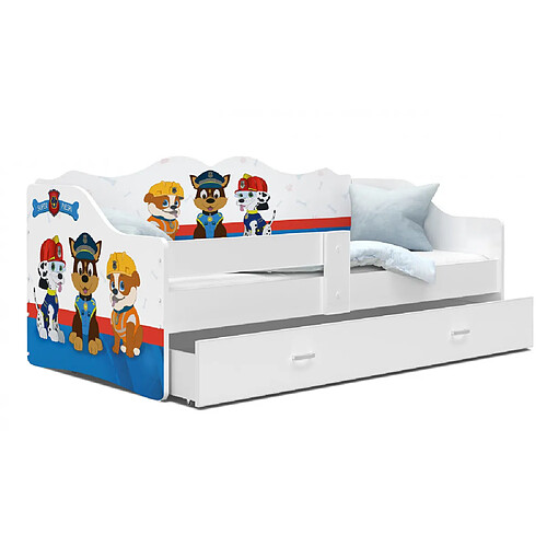 Kids Literie Lit Banquette Neli Pat Patrouille 80x160 Blanc Livré avec sommiers, tiroir et matelas en mousse de 7cm