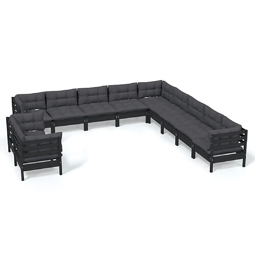 Maison Chic Salon de jardin 11pcs + coussins - Mobilier/Meubles de jardin - Table et chaises d'extérieur Noir Bois de pin massif -MN68175