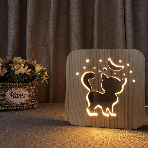 Nouveauté Veilleuse En Bois USB 3D Découpé Chat Forme Lampe de Table Lit Chambre Décor Anniversaire Cadeaux de Noël Jouets pour Enfant Adultes