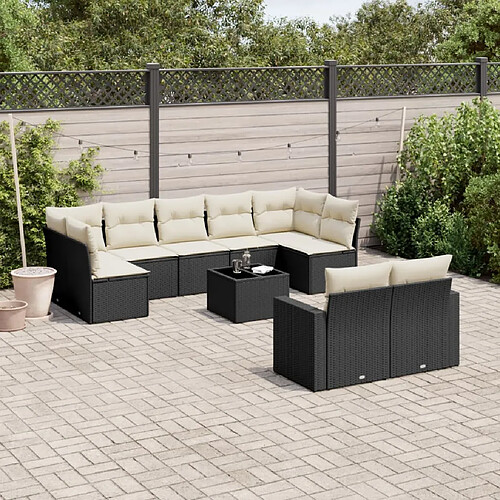 vidaXL Salon de jardin 10 pcs avec coussins noir résine tressée