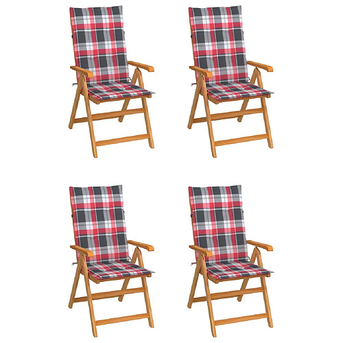 vidaXL Chaises de jardin lot de 4 et coussins à carreaux rouge Teck