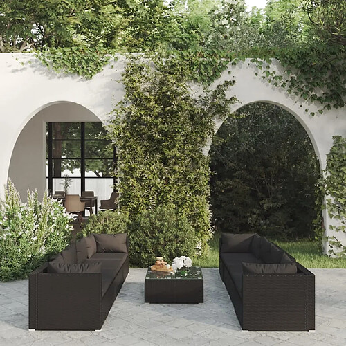 vidaXL Salon de jardin 9 pcs avec coussins Résine tressée Noir