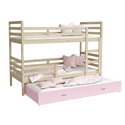 Kids Literie Lit Superposé 3 Places Milo 90x190 Pin - rose Livré avec sommiers, tiroir et matelas en mousse de 7cm