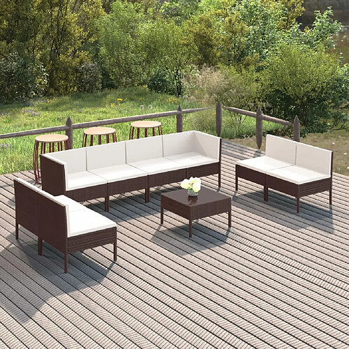 vidaXL Salon de jardin 9 pcs avec coussins résine tressée marron