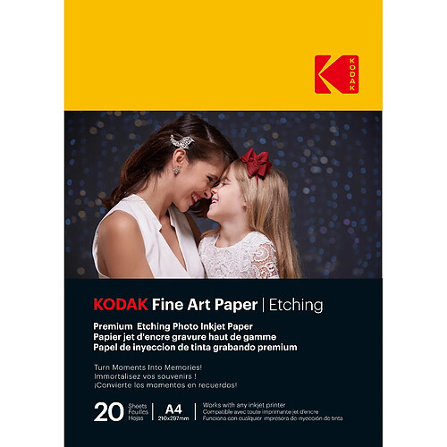 KODAK Fine Art Paper / Etching - Pack de 20 feuilles de papier photo haut de gamme texturé - Format 21 x 29.7 cm (A4) - Finition mate effet gravure - 210 gsm - Compatible toute imprimante jet d'encre - Blanc