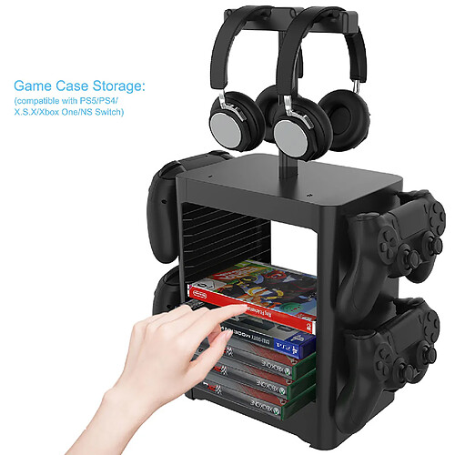 Support Vertical Stand Multi-fonctionnel Kit, stockage de jeu 10 Slot et 1 support de casque, 1 tiroir et un tout-en-un espace pour PS5/PS4/XBOX