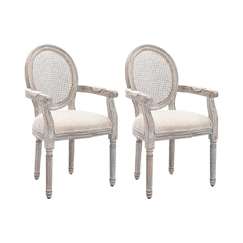 Vente-Unique Lot de 2 chaises avec accoudoirs - Cannage, tissu et bois d'hévéa - Beige - ANTOINETTE