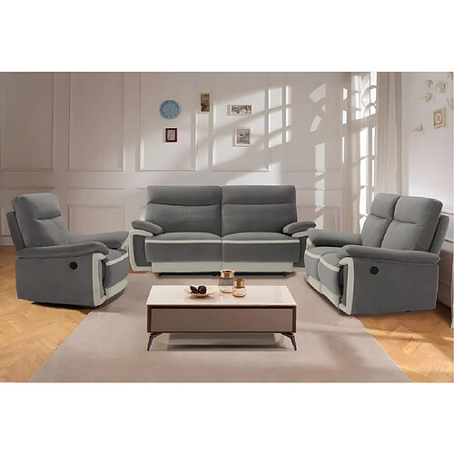 Vente-Unique Canapés 3 places 2 places et un fauteuil relax électrique en velours METTI - Gris et bandes écru