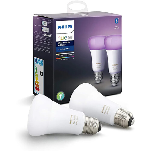 Philips ampoules LED Connectées White & Color Ambiance E27 Compatible Bluetooth avec fonctionne avec Alexa Pack de 2 [Classe énergétique A+]