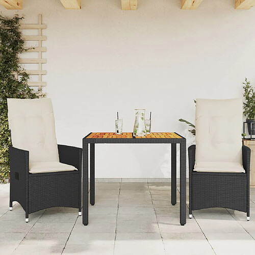 vidaXL Ensemble de bistro 3 pcs et coussins noir résine tressée acacia