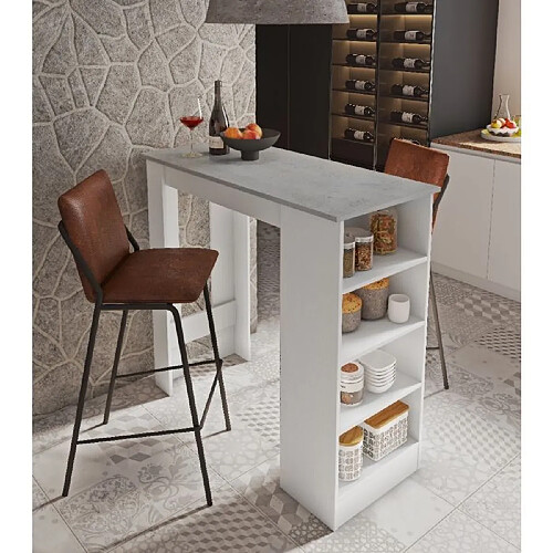 Alter Table péninsule de cuisine avec 4 étagères, Meuble bar, Table haute auxiliaire, 112x49xh106 cm, Couleur Blanc et Ciment