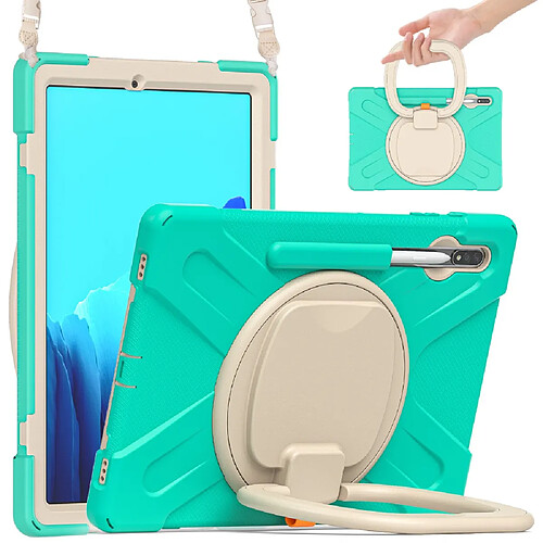 Coque en TPU + Silicone avec béquille pivotante à 360° et bandoulière Aqua/blanc pour votre Samsung Galaxy Tab S7 Plus T970/T975