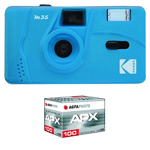 KODAK Pack M35 Argentique + Pellicule APX 100, 36 poses - Appareil Photo Kodak Rechargeable 35mm Bleu, Objectif Grand Angle Fixe - Cerulean Blue