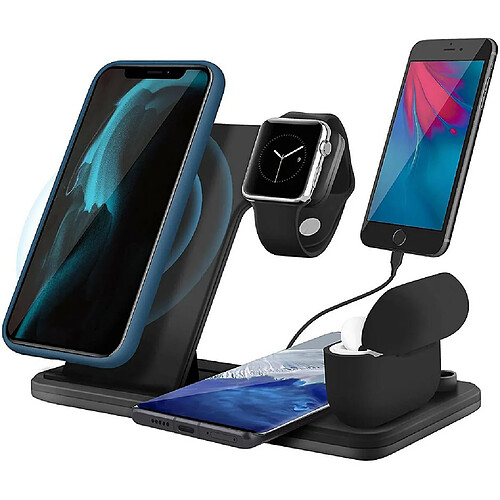 Chrono Station de charge sans fil 5 en 1 pour Apple Watch 5/6 Airpods Pro, station d'accueil de chargeur sans fil rapide 30W compatible avec les téléphones certifiés iPhone 11 12 Pro Max SE Xr X Xs Max/iWatch/Qi,(noir)