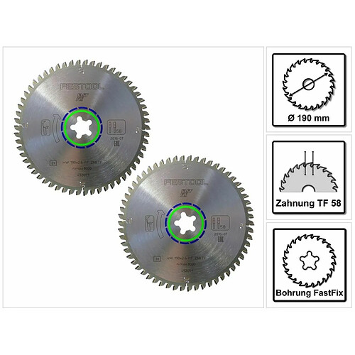 Festool TF58 2x 190 x 2,6 mm Jeux de lames de scie circulaire spéciale 190 mm (2x 492051) - 58 dents