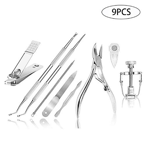 Kit d'outils pour ongles incarnés 9pcs, outil de traitement des ongles de qualité supérieure, outils de pédicure professionnels - argent