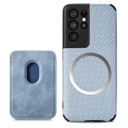 Coque en TPU + PU texture en fibre de carbone avec porte-carte bleu pour votre Samsung Galaxy S21 Ultra 5G