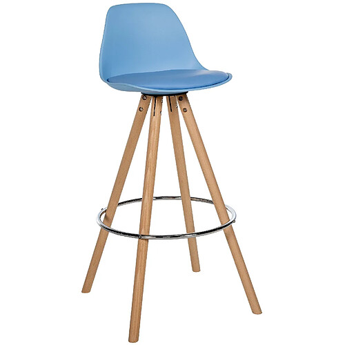 Decoshop26 Tabouret de bar chaise haute x1 repose-pieds style scandinave en plastique et PVC bleu structure en bois clair 10_0004623