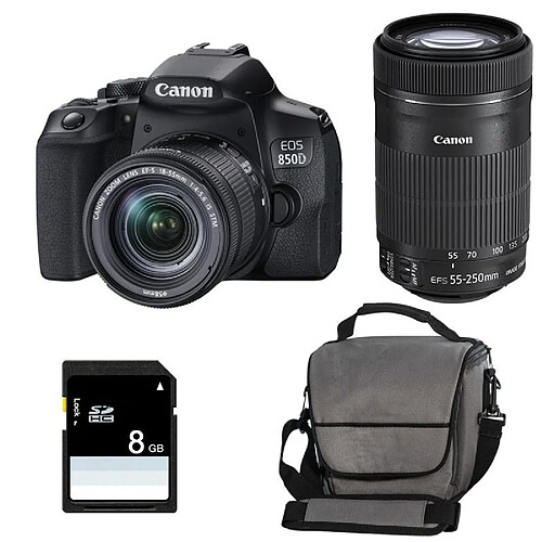 PACK CANON EOS 850D + 18-55 IS STM + 55-250 IS STM + Sac + SD 4Go