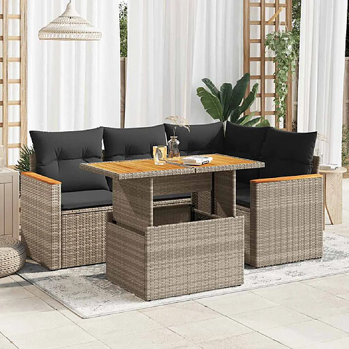 vidaXL Salon de jardin 5 pcs avec coussins gris résine tressée acacia