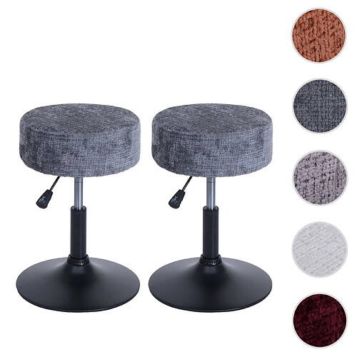 Mendler Lot de 2 tabourets HWC-C22, pouf, réglable en hauteur pivotant Ø 37cm Tissu chenille (465g/m²) MVG ~ gris foncé