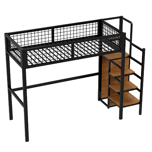 ComfortXL Lit Mezzanine 90x200cm Avec Échelle, Cadre En Fer, Étagère De Rangement, Armoire, Noir