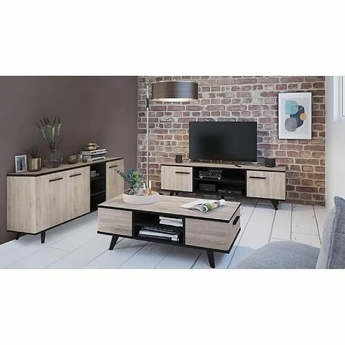 Demeyere Ensemble scandinave meuble TV + table basse + buffet mélaminé - chêne brossé et noir