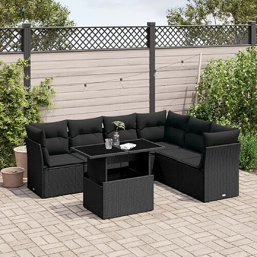 vidaXL Salon de jardin 7 pcs avec coussins noir résine tressée