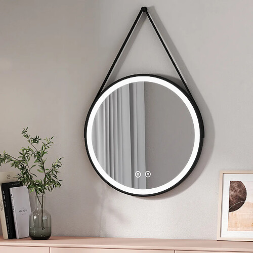 EMKE Miroir lumineux salle de bain rond diamètre 60cm cadre noir avec lanière réglable, Miroir LED rond avec Interrupteur Tactile, Miroir avec éclairage Lumière Froide/Chaude/Neutre